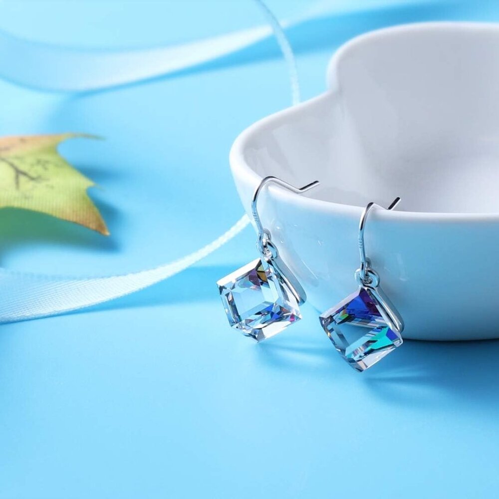 S925 Sterling Silver Cube Earrings Crystals for Women with Exquisite Unique Gift - Picture 2 of 6